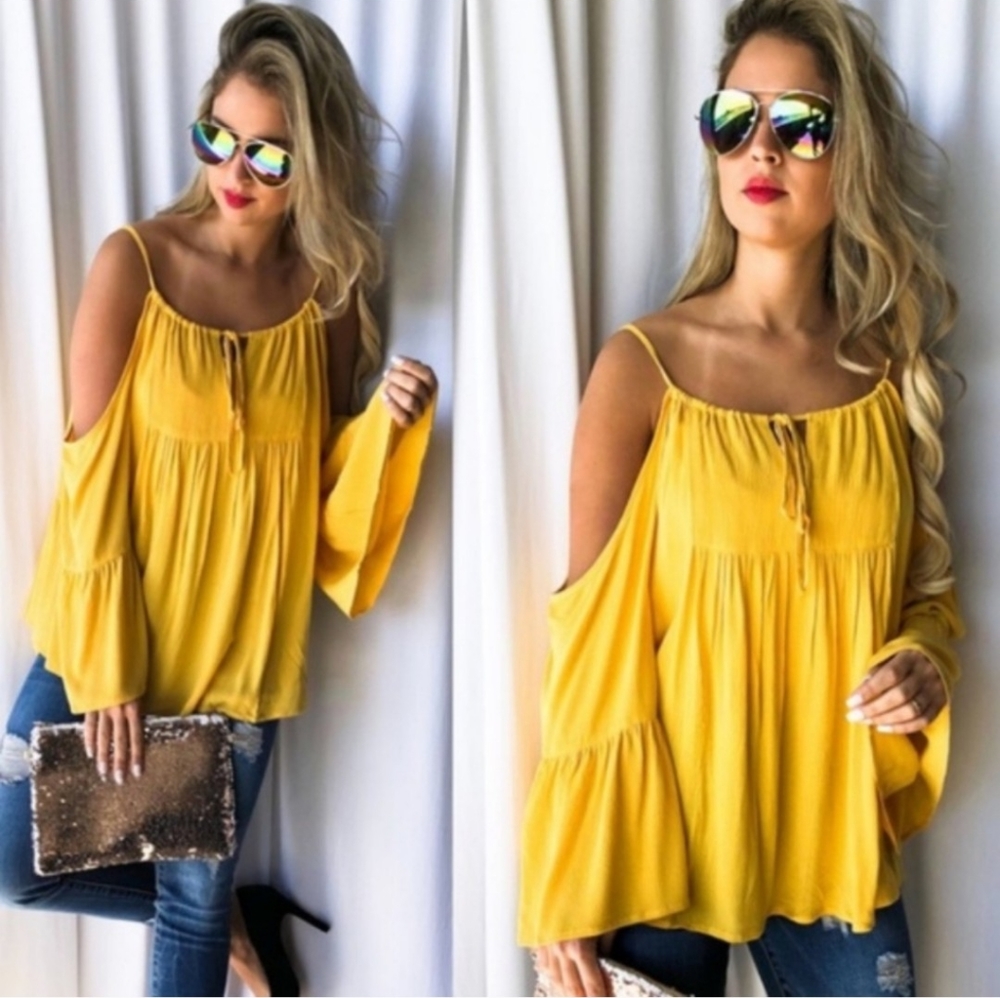Boho Yellow Cold Shoulder Ruffle Blouse